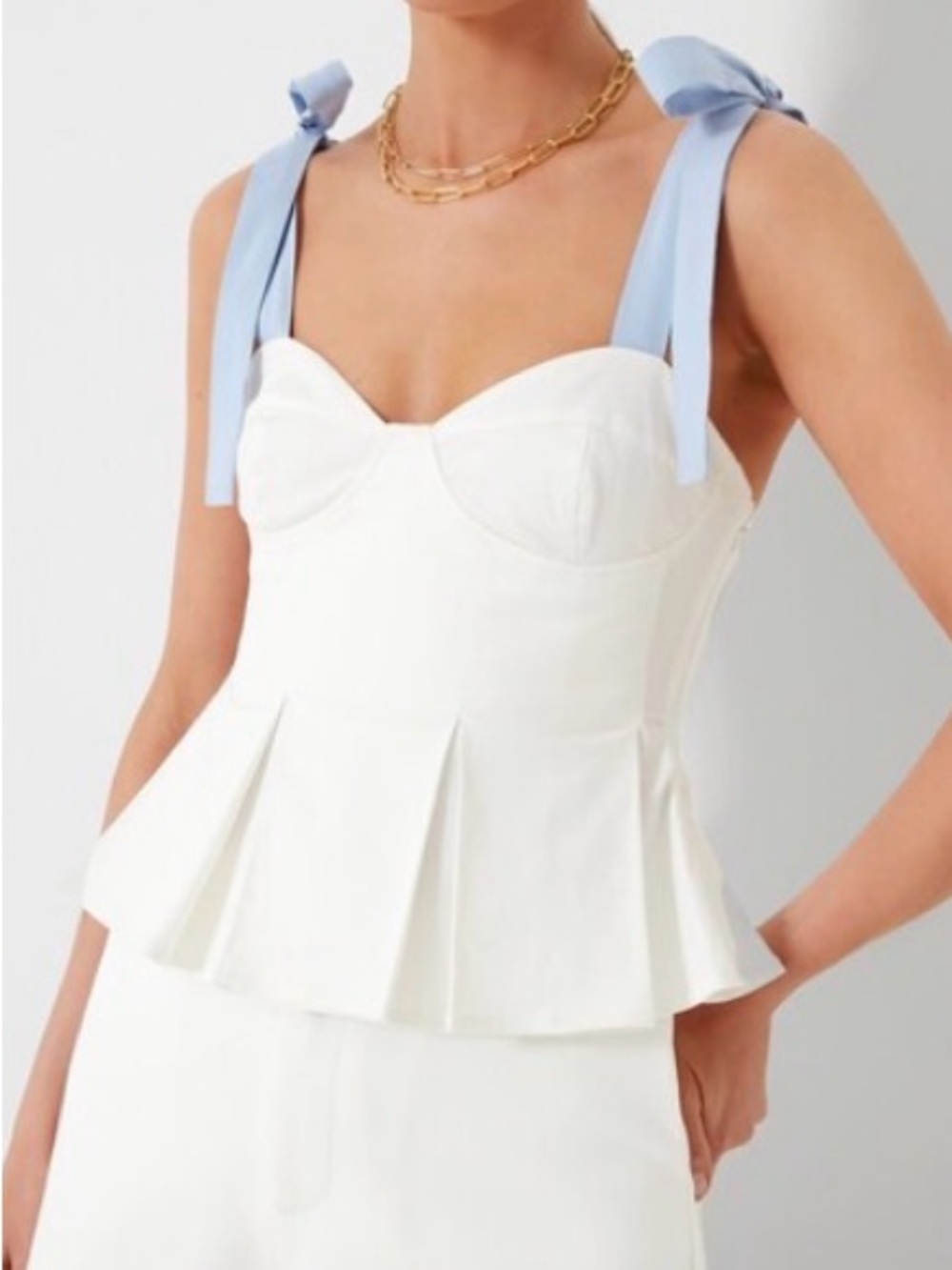 Hyacinth House Tuckernuck White Peplum Bustier Top with Light Blue Straps